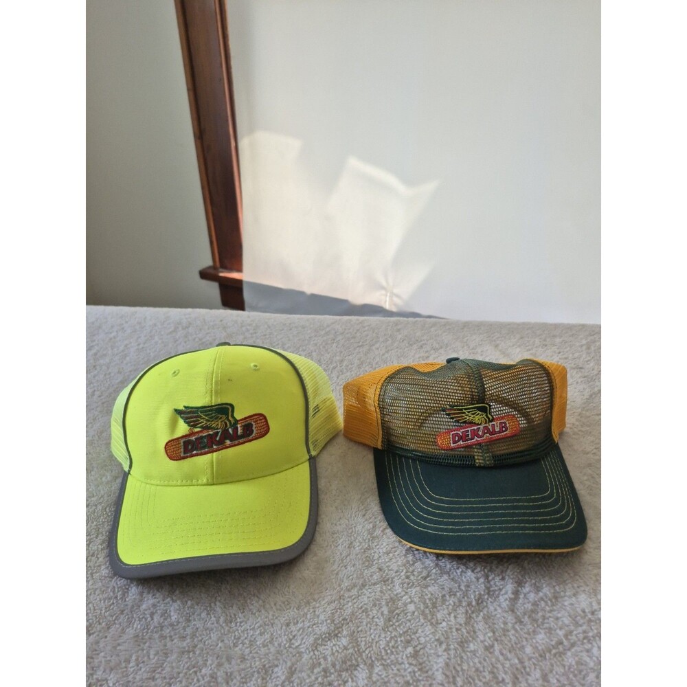 Lot of 2 DEKALB Seed Hats Trucker Snapback Yellow Hi Vis Green Gold Farm Caps